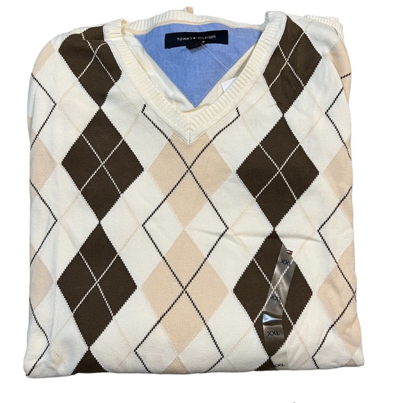 Tommy Hilfiger Men’s Cotton V-Neck Sweater Cream Preppy Argyle Academia XXL - Picture 2 of 6